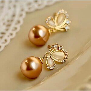 Rose Pearl Drop Earrings Crown Stud Dangle Elegant Wedding Jewelry